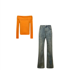 批发早秋chic<b class='q'>套装</b>盐系轻熟风一字肩长袖针织上衣休闲百搭<b class='q'>牛仔</b>裤两件套