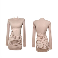 批发性感纯欲辣妹半高领褶皱长袖连衣裙女秋冬季新款修身内搭包臀短裙