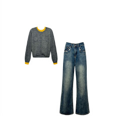 批发NanaByNana叠穿艺术撞色假两件针织衫女秋季长袖小香开衫上衣