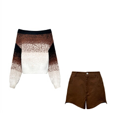 批发2023春秋ins洋气撞色水貂绒一字肩毛衣+<b class='q'>高腰</b>显瘦<b class='q'>牛仔</b><b class='q'>短裤</b>两件套装