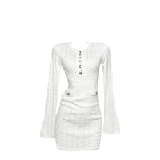 批发法式温柔长袖针织连衣裙女秋<b class='q'>冬</b>新款气质钩花镂空收腰显瘦打底裙子