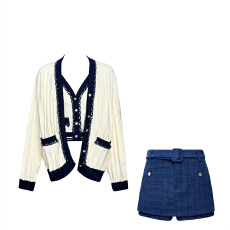 批发韩风chic一整套女秋新款设计感小众v领背心内搭毛衣外套<b class='q'>短</b>裙套装