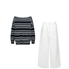 批发套装<b class='q'>女</b>2025新款韩系休闲百搭宽松露肩条纹长袖上衣显瘦宽松阔腿<b class='q'>裤</b>