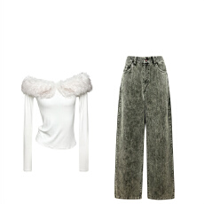 FENNI STUDIO千禧原创可拆卸毛毛一字肩针织衫女修身长袖针织上衣