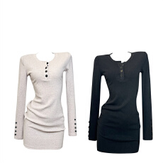 批发韩系辣妹风半开领纽扣针织连衣裙女2025秋<b class='q'>冬</b>新款配大衣短款包臀裙