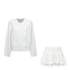 批发法式重工白色绣花朵针织毛衣女秋<b class='q'>冬</b>2025新款显瘦短裙子两件套装