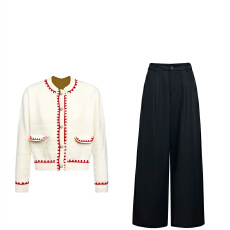 批发独特超好看<b class='q'>冬</b>装一整套韩系慵懒风百搭撞色短款针织开衫显瘦休闲裤