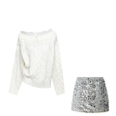 批发纯欲风一字领麻花蕾丝拼接毛衣女秋<b class='q'>冬</b>甜美气质亮片半身短裙两件套