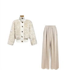 批发慵懒风松弛感穿搭套装拼接毛毛外套女秋<b class='q'>冬</b>季休闲百搭阔腿裤两件套