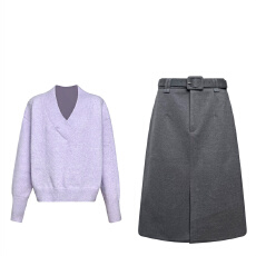 批发高级感紫色宽松v领套头毛衣女秋<b class='q'>冬</b>新款休闲灰色百搭半身裙两件套