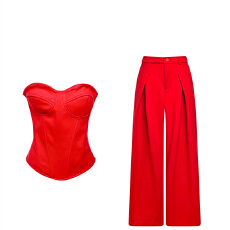 批发圣诞穿搭新年本命年套装女秋<b class='q'>冬</b>辣妹红色抹胸上衣直筒阔腿裤一整套