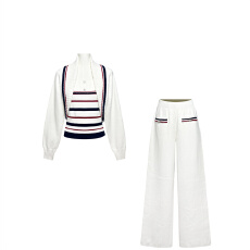 批发韩式搭配一整套<b class='q'>冬</b>装新款撞色复古针织抹胸外搭罩衫直筒休闲裤套装