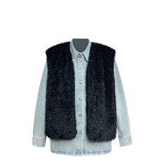 批发巨好看<b class='q'>冬</b>装一整套美式复古休闲牛仔长袖衬衫宽松保暖马甲上衣套装