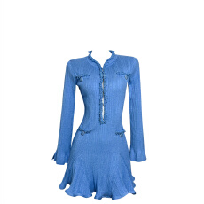 批发<b class='q'>冬</b>季出席重要场合的裙子高端精致富家千金miu系小香风蓝色连衣裙