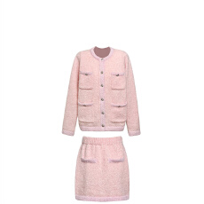 批发小香风千金<b class='q'>冬</b>装套装女粉色甜美软糯宽松显瘦针织上衣半身裙两件套