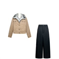 批发巨好看<b class='q'>冬</b>装一整套韩版复古毛毛领保暖长袖外套高腰显瘦宽松阔腿裤