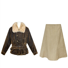 批发复古高级感时尚显瘦毛领外套女<b class='q'>冬</b>季新款休闲气质a字半身裙两件套