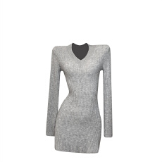 批发纯欲风灰色气质v领针织衫女装秋<b class='q'>冬</b>季新款修身中长款休闲时尚上衣