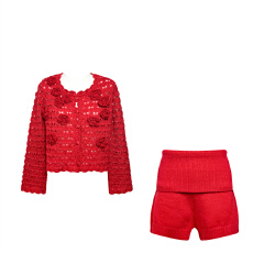 批发法式复古红色立体花朵针织开衫外套女秋<b class='q'>冬</b>休闲显瘦时尚短裤两件套