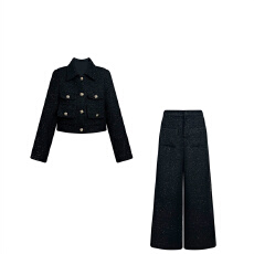 批发气质小香风黑色短款外套女秋<b class='q'>冬</b>季新款高级感宽松直筒长裤两件套装