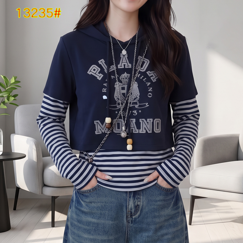 BY31467# 早秋假两件条纹连帽卫衣  服裝批發女裝批發服飾貨源