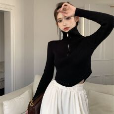 批发秋冬<b class='q'>拉链</b>高领针织打底衫女独特别致下摆短款搭配牛仔裤的上衣ins