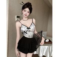 批发新中式旗袍印花V领盘扣背心外穿性感短款甜辣风吊带上衣