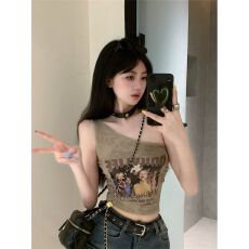 批发2025新款辣妹设计感斜肩修身上衣女夏复古<b class='q'>街头</b>渲染不对称吊带背心