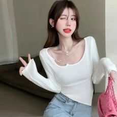 长袖T恤女秋季小众设计感链条修身短款上衣不规则白色内搭打底衫
