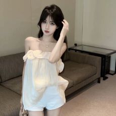 批发花朵粉色<b class='q'>雪纺</b><b class='q'>吊带</b>背心女夏季纯欲辣妹一字肩挂脖抹胸上衣泰式绝美