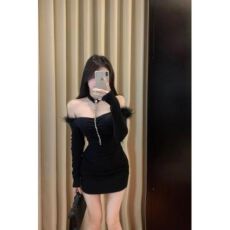 批发一字肩水钻挂脖长袖<b class='q'>连衣裙</b>女秋季<b class='q'>名媛</b>风收腰裙子黑色性感包臀短裙