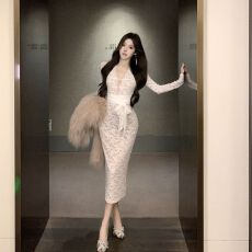批发纯欲气质v领弹力修身蕾丝长袖连衣裙女秋冬季系带收腰包臀长裙子