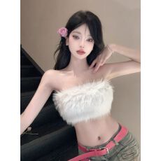 批发性感辣妹白色毛绒软糯超短抹胸上衣女秋<b class='q'>冬</b>修身设计感外穿打底背心