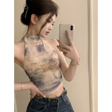 批发辣妹新款港式复古露背挂脖露肩绑带短款设计感外穿修身背心吊带女