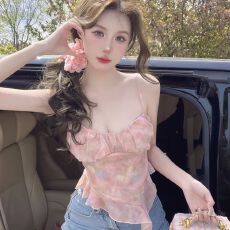 批发荷叶边不规则扎染网纱吊带背心女外穿夏季jazz甜辣妹抹胸上衣泰式