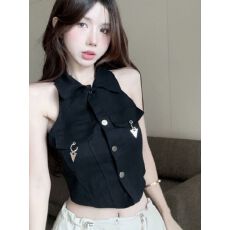 批发美式polo领挂脖<b class='q'>露肩</b>无袖工装衬衫女夏季辣妹短款马甲背心上衣女潮