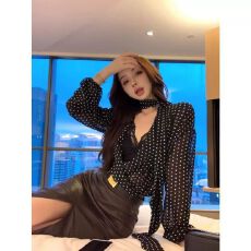 批发法式黑色波点v领<b class='q'>长袖</b>雪纺<b class='q'>衬衫</b>女秋季设计感小众<b class='q'>衬衣</b>气质飘带上衣