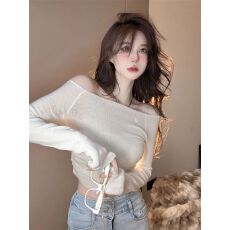 批发韩版甜辣妹薄款长袖一字肩t恤女<b class='q'>夏季</b>修身显瘦短款内搭打底衫上衣