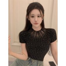批发针织短袖t恤女装2025年<b class='q'>夏</b>季新款纯欲辣妹半高领气质修身显瘦上衣