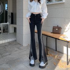 批发半<b class='q'>松紧</b>高腰显瘦辣妹小众开叉渐变微喇叭修身牛仔