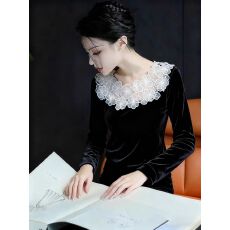 批发蕾丝花边拼接<b class='q'>衬衫</b>女秋冬<b class='q'>气质</b>轻奢高端赫本风法式小众黑色丝绒上衣