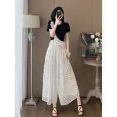 批发2025年夏季新款休闲穿搭女荷叶边拼接短袖波点<b class='q'>雪纺</b><b class='q'>裤裙</b>时尚两件套