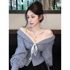 批发法式一字肩蓝色拼接蕾丝<b class='q'>衬衫</b>女高级感早秋独特超好看收腰<b class='q'>长袖</b>上衣