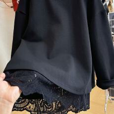 批发蕾丝拼接假两件套头圆领卫衣女春秋季慵懒风美式宽松百搭上衣外套