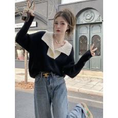 批发2025年秋季新款女装韩版慵懒风翻领领撞色长袖<b class='q'>针织衫</b>上衣女潮流