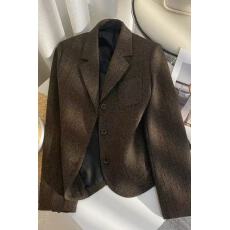 批发咖啡色人字纹毛呢西装<b class='q'>外套</b>女秋季高级设计感小众炸街气质小西服