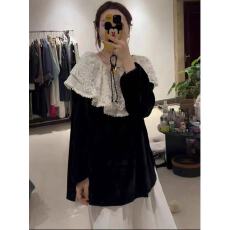 批发韩国东大门早秋新款重工设计感蕾丝娃娃领丝绒黑色衬衣韩系衬衫女