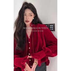 批发轻奢小衫洋气春秋法式高级红色独特丝绒减龄<b class='q'>衬衫</b>通勤<b class='q'>长袖</b>气质上衣