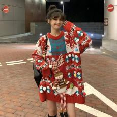 冬季2025新款圣诞红色毛衣女外穿宽松设计感大码慵懒风针织衫上衣