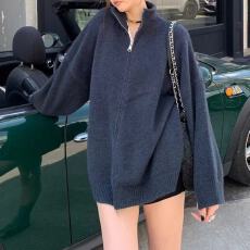 慵懒立领宽松2025新款双拉链设计秋冬上衣外穿毛衣针织衫开衫外套